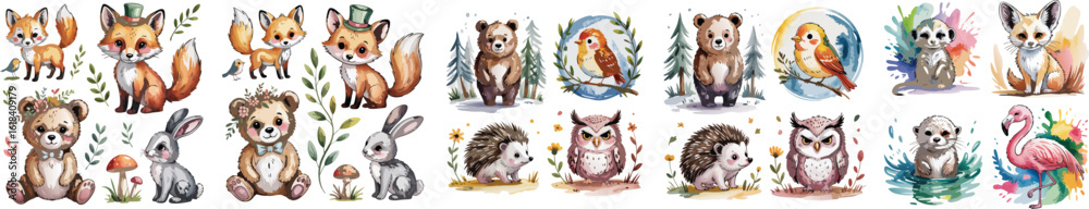 Fototapeta premium Watercolor Woodland Animals Cute Fox, Bear, Rabbit, Hedgehog, Owl, Otter, and Flamingo Illustrations