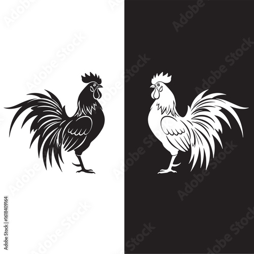 Stylized rooster vector illustration in black and white. A graphic design element of a cockerel for a farm logo or emblem.