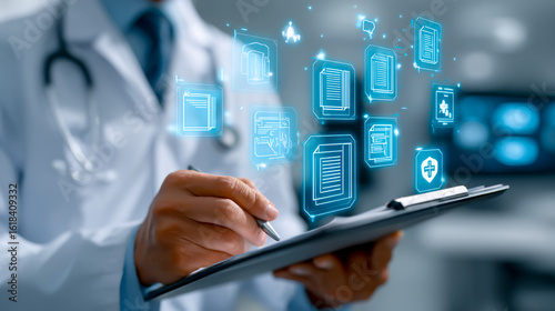 High-tech medical file management system with digital documents and icons floating in the air