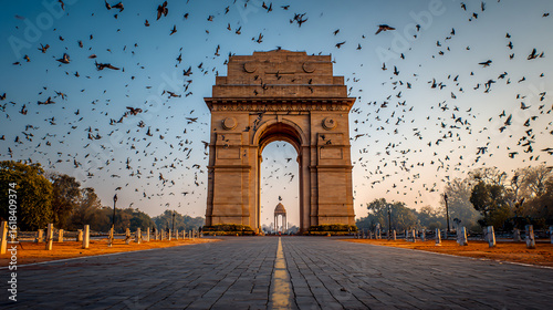 Indian India Gate, New Delhi cityscape, clear sky,  birds in the background