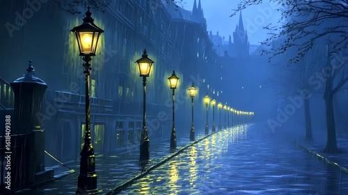 Rainy night street scene,  illuminated by gas lamps