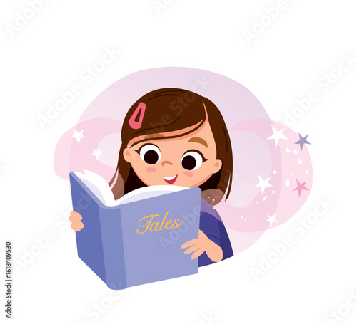 Little girl is reading an exciting book, a fairy tale, a story, adventures, fantasy, siting a the table with a fabulous image in the background. Read book with curiosity and fascination
