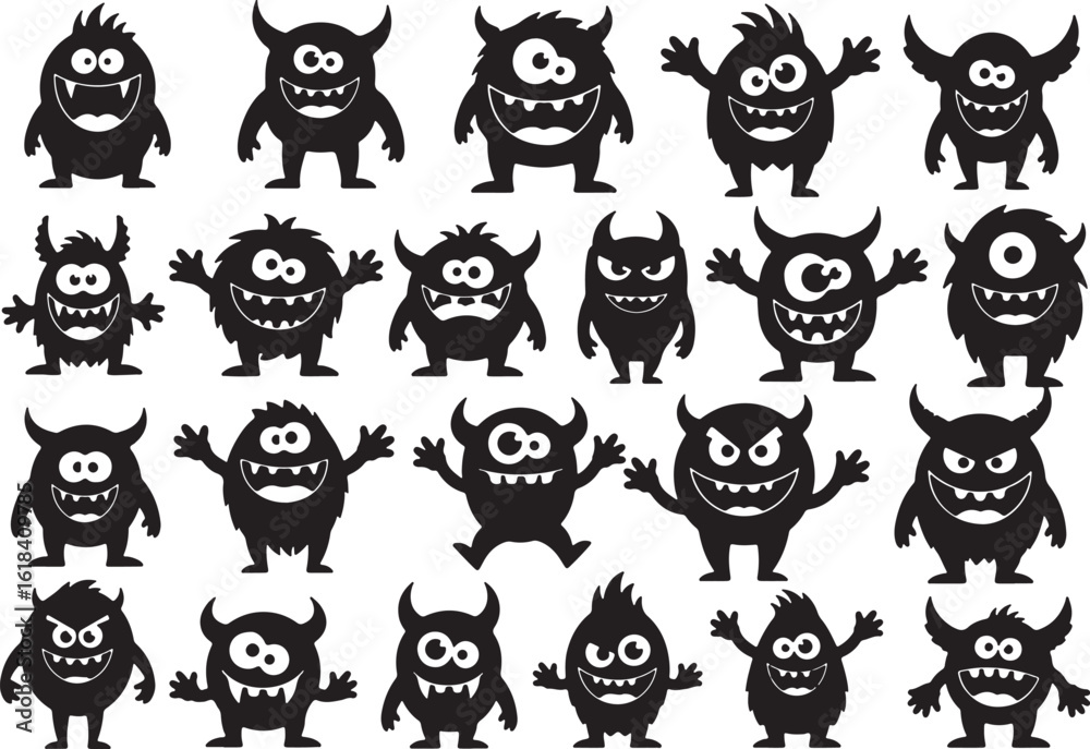 Fototapeta premium Collection of black silhouette monsters with big eyes and teeth, monster, silhouette, black, white, cartoon, creature, cute, funny, scary, spooky, halloween, character, design, graphic, illustration, 