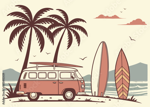 Photography Retro Surfer Lifestyle Illustration with Vintage Beach Van, Palm Trees, Surfboar