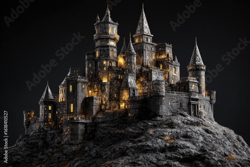 Wallpaper Mural A highly realistic 3D depiction of a medieval castle situated atop a hill, set against a black backdrop. Captured from a low-angle view using a 20mm lens, the structure appears in the bottom right cor Torontodigital.ca