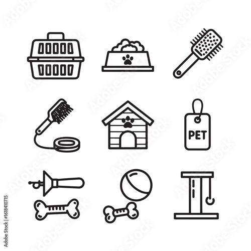 Set of nine pet care and supply outline icons. A collection of vector symbols for animal accessories like food, toys, and grooming.