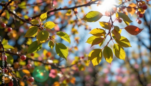 leaves with reflective surfaces hovering midair in a windless sunbeam filled glade