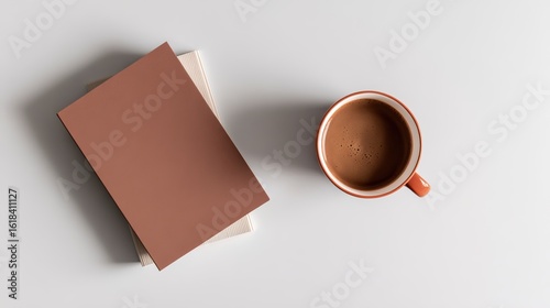 Minimalist workspace with a notebook and coffee cup, arranged neatly from a top-down view.