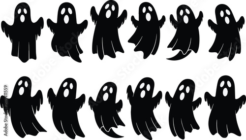 Eleven black ghosts with white eyes and mouths on white background, ghost, halloween, spooky, scary, phantom, spirit, apparition, haunt, specter, boo, creature, monster, supernatural, dark, black, whi