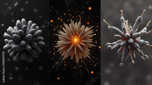 SEM of PM2.5 particles:
1. [Soot] Carbon chains (black fractal clusters)
2. [Metals] Heavy metal nanoparticles (glowing dots)
3. [Bioaerosols] Bacterial remnants (organic shapes)