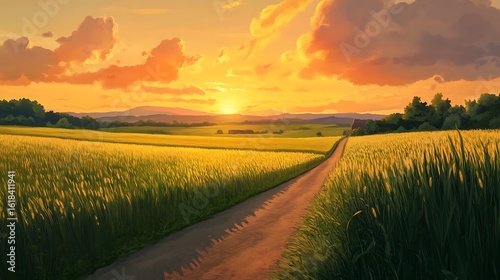 Golden Wheat Field Sunset Country Road Scene