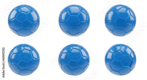 Six blue soccer balls isolated on white background used for sports or design elements