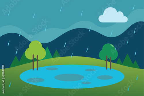nature pond in raining landscape.
