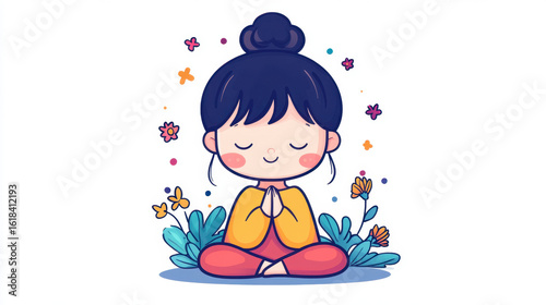Cute Girl Meditating in a Pixel Art Illustration