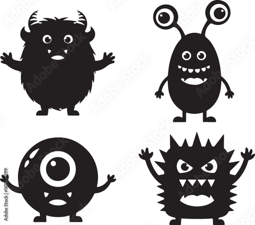 Four black silhouette cartoon monsters with big eyes and teeth, monster, silhouette, cartoon, black and white, creature, alien, fantasy, spooky, scary, cute, funny, illustration, graphic, design, char