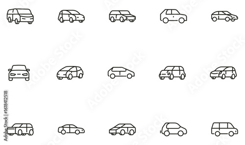 Vector set of linear icons related to various vehicle types for rent, carsharing, UI, web, app or infographic design