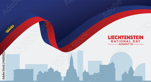 Liechtenstein National Day 15 August cityscape with flag ribbon vector poster