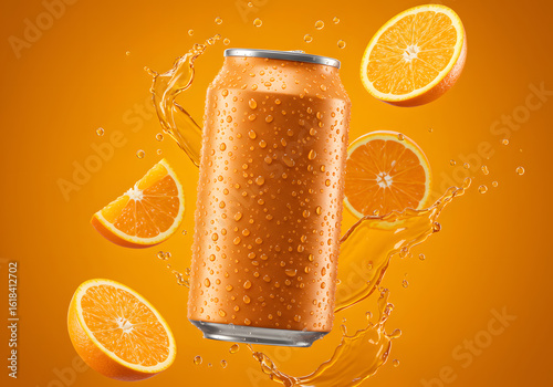Refreshing Orange Soda Can Splash with Fresh Orange Slices and Water Droplets