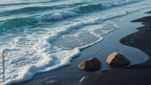 Ultra-realistic ocean waves hitting dark sandy beach with foamy surf, shimmering wet sand, sunlit coastal rocks, turquoise to deep blue sea gradient, cinematic natural seascape in 8K HDR