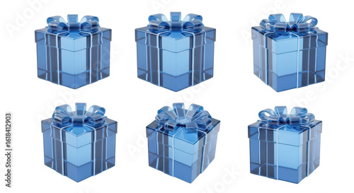Six blue glass gift boxes arranged on a white surface each with a bow showcasing various perspectives ideal for celebrations