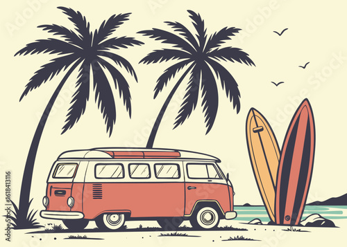 Retro Surfer Lifestyle Illustration with Vintage Beach Van, Palm Trees, Surfboards, and Ocean Scenery