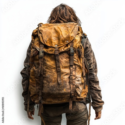 Muddy Tan Canvas Backpack on Person with Brown Hair Against White Background