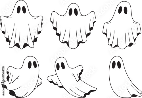 Six cartoon ghosts in various poses and styles halloween, ghost, halloween, spooky, scary, cartoon, illustration, character, spirit, phantom, apparition, supernatural, white, black, outline, simple, c
