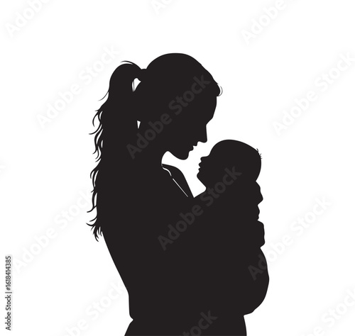  Heartwarming silhouette of a mother gently holding her baby while gazing lovingly at them, symbolizing maternal care, motherhood, family bond, and emotional connection.