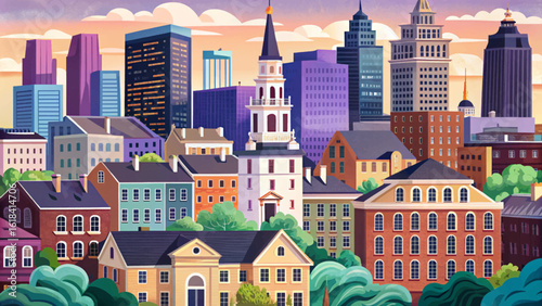 Vector banner of Boston’s historic cityscape featuring colonial brick buildings, old churches, and American heritage landmarks. Ideal for tourism, history, and educational themes