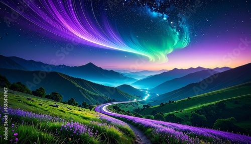Celestial Dance: A mesmerizing vista, where a winding road journeys through rolling hills beneath a vibrant, aurora borealis-esque display dancing gracefully across the star-studded night sky.