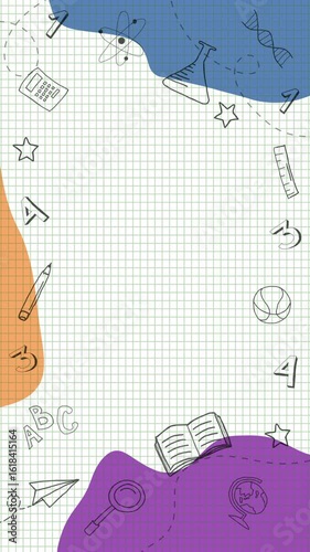 White animated checkered background with school supplies icons and colorful abstract shapes. Looped animation. Empty space for text. Vertical video.