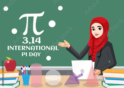 International Pi Day vector background with Smiling Cute Female Teacher Teaching