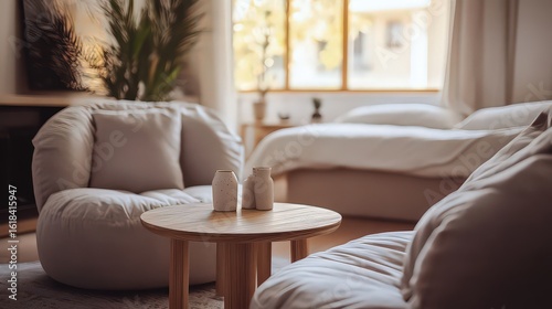 Beige Upholstered Armchairs Wooden Coffee Table Small Vases Modern Living Room Interior