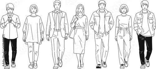Line art illustration of diverse group of people walking forward fashion illustration design template vector editable