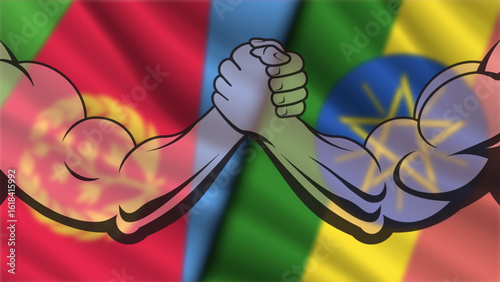 Vector blurred wavy national flags of State of Eritrea and Federal Democratic Republic of Ethiopia. Relations between african countries. Crisis and confrontation. Muscular arm wrestling