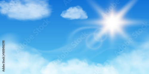 Bright sunny sky with soft white realistic clouds and lens flare. Blue background with natural airy atmosphere. Vector illustration concept for weather, nature and environment