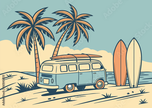 Retro Surfer Lifestyle Illustration with Vintage Beach Van, Palm Trees, Surfboards, and Ocean Scenery