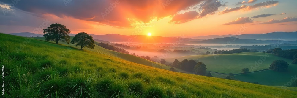 Serene countryside landscape at dawn Rolling green hills, misty fields, and a vibrant sunrise paint a picturesque rural scene Perfect for nature, travel, or idyllic themes , wildlife, tranquil Serene countryside landscape at dawn Rolling green hills, misty fields, and a vibrant sunrise paint a picturesque rural scene Perfect for nature, travel, or idyllic themes , wildlife, tranquil