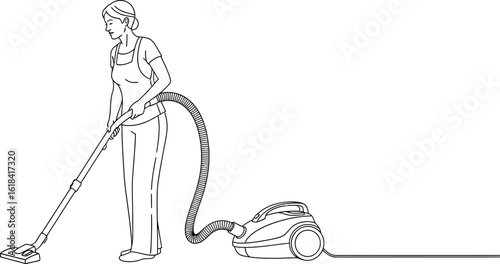 Woman vacuuming illustration for cleaning services and home maintenance advertising and promotional materials editable