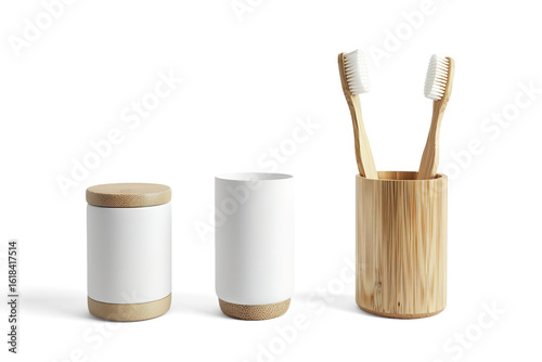 Sustainable Bathroom Set Bamboo Toothbrush and Minimalist Containers on a transparent background