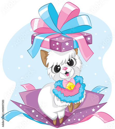 Vector illustration of cute holiday llama or alpaca carrying Christmas gift presents.