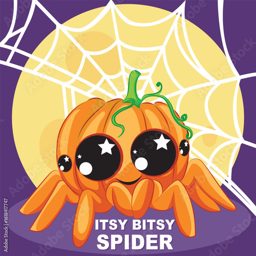 Itsy Bitsy Spider pumpkin Halloween, Kids English Nursery Rhymes book illustration in vector