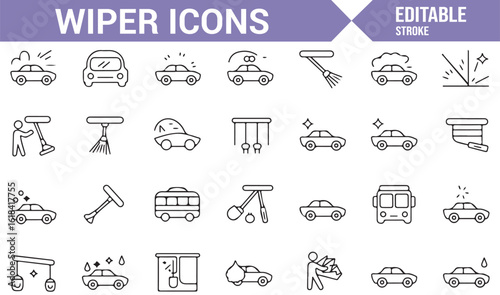 Set of Car Maintenance Icons for Wipers, Cleaning, and Repair Services