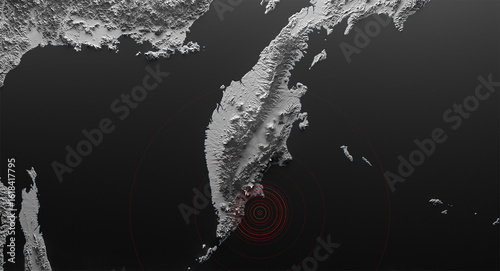 Photography 3D map of the Kamchatka Peninsula earthquake epicenter in the Pacific Ocean, magnitude 8