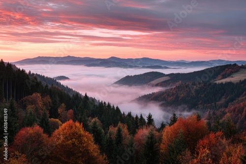 Autumnal mountain vista at sunrise