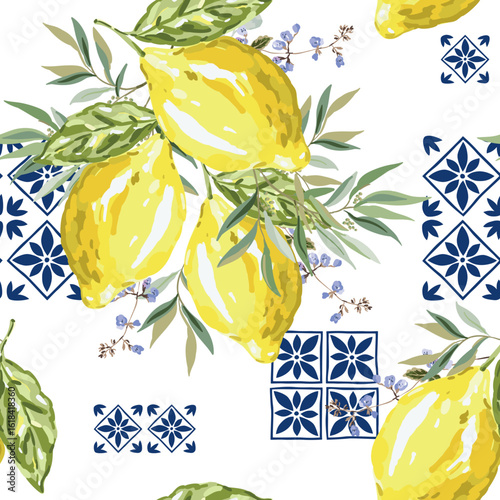 Yellow lemon citrus fruits, blue ceramic tile, white background. Vector illustration. Seamless pattern. Summer trendy design. Italian coast