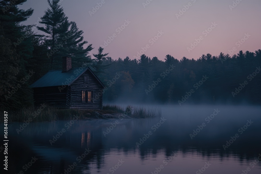 Fototapeta premium A cozy log cabin sits serenely on a misty lake, surrounded by tranquil pine forests at dusk.