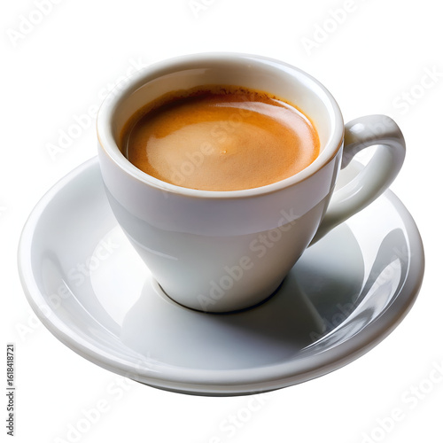 A steaming cup of rich espresso with a perfect crema sits on a white saucer, isolated on a clean white background