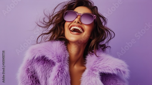 Smiling Woman in Purple Sunglasses and Coat Poses Confidently Against a Vibra...