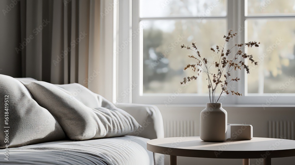 Naklejka premium Beige Sofa with Dried Flowers in Vase on Wooden Coffee Table near Window pillows